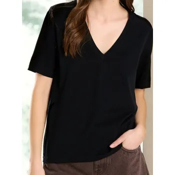 Dámské oblečení Sinsay - Bavlněné tričko s výstřihem do V - černá - 523EU-99X - 523EU-99X-XS