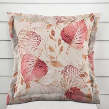 Povlak na polštářek Dekorační povlak na polštář s lemem Leona LN-172 Růžovo-vínové listy na režném 50 x 60 cm