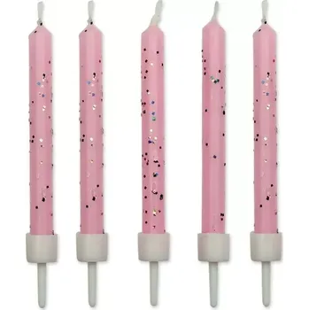 Dortová svíčka Svíčky dortové s držáky, sada 10ks, 55mm - růžové, třpytky