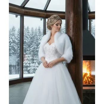 Dámský kožich Plyšové svatební bolerko s 3/4 rukávem - bílé: BF-57 Vybraná velikost: XS