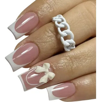 Umělé nehty Přirozený francouzský vzhled s mašlemi 24 ks Nalepovací akrylové nehty Čtvercový tvar Elegantní DIY manikúra pro ženy