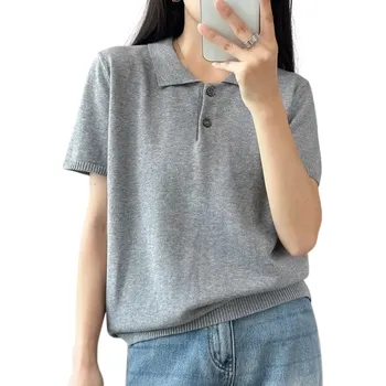 Dámské tričko Dámská polokošile s krátkým rukávem Jednobarevné provedení Výstřih do V s límečkem a knoflíky Bavlněný top šedá M