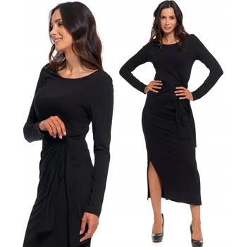 Dámské šaty Dámské midi ŠATY s obálkou ELEGANTNÍ klasické, MORAJ rozparky, černé