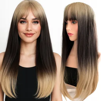 Paruka Paruka ze Syntetických Vlasů Ombre 3 Blond Hnědá Rovná Ofina 55cm
