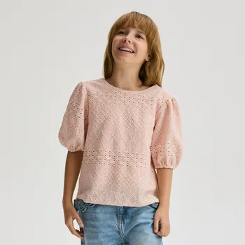 Dívčí tričko Reserved - Ažurová halenka s&nbsp;balonovými rukávy - pudrově růžová - 884EA-39X - 884EA-39X-164