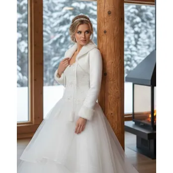 Dámský kožich Saténový svatební kabátek s kožíškem - ivory: BF-87 Vybraná velikost: XXL