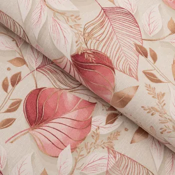 Dekorační látka Leona LN-172 Růžovo-vínové listy na režném - šířka 140 cm