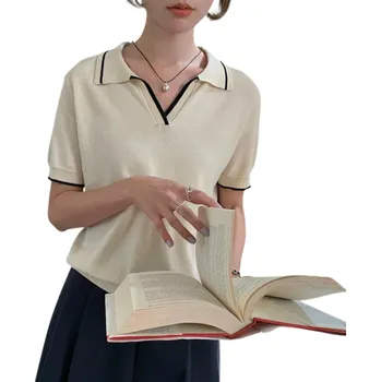 Dámská polokošile Krátký rukáv Výstřih do V Límeček Knoflíky Jednobarevná Bavlna Pohodlná Elegantní Casual Top Letní Jarní béžova M