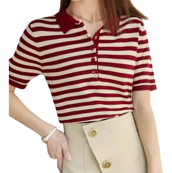 Dámská polokošile s krátkým rukávem Pruhované provedení Výstřih do V s límečkem a knoflíky Bavlněný letní top červená XXL