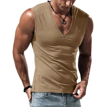 Pánské tílko Pánské tílko s výstřihem do V Jednobarevné Polyester Spandex Lehký pružný top na sport fitness volný čas léto béžova S