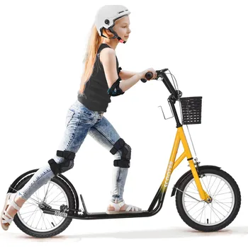 Koloběžka HOMCOM Dětská koloběžka, výškově nastavitelná koloběžka s velkými gumovými koly, 2 brzdy, dětská koloběžka s košíkem, držák na kelímek, pro 5-12 let| Aosom