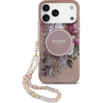 Pouzdro na mobilní telefon Guess IML Flowers Strap MagSafe pro iPhone 17 Pro Max růžové