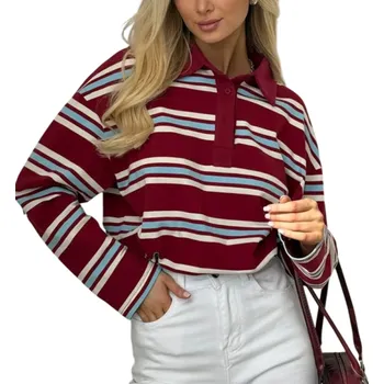 Dámské tričko Dámská polokošile s dlouhým rukávem Pruhované provedení Výstřih do V s límečkem a knoflíky Bavlna se spandexem červená S