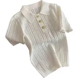Dámská polokošile béžová Pletené provedení Výstřih do V s límečkem a knoflíky Jednobarevný viskózový top M