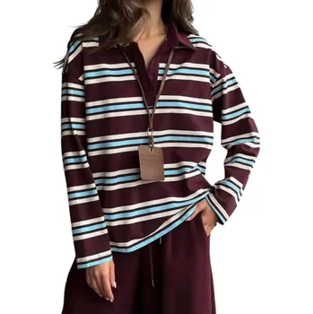 Dámské tričko Dámská polokošile s dlouhým rukávem Pruhované provedení Výstřih do V s límečkem a knoflíky Bavlna se spandexem vínová M