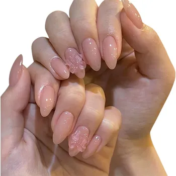 Umělé nehty Přirozená sada umělých nehtů Mandlový tvar Nude odstín Jemné mašličky 12 velikostí Elegantní realistické tipy 24 ks