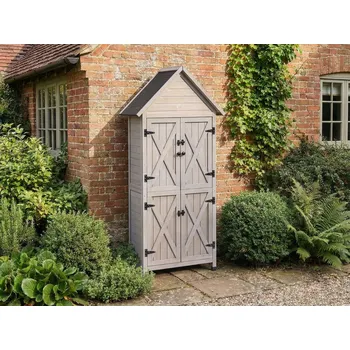 Zahradní domek Venkovní zahradní kůlna na nářadí šedé smrkové dřevo s dveřmi a policemi praktický úložný prostor pro každé počasí Beliani
