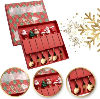 Příbor Flamenco Mystique Sada lžic a vidliček s vánočními figurkami, 6 kusů v krabičce, zlatá 16,8 x 2,9 cm LYZ5