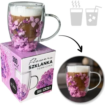 Sklenice Flamenco Mystique Termosklenice s květinami uvnitř, gypsofila, hortenzie, fialová, růžová, 300 ml, 1 ks. SZK201