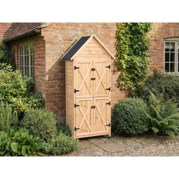 Zahradní domek Venkovní zahradní kůlna na nářadí přírodní smrkové dřevo s dveřmi a policemi praktický úložný prostor pro každé počasí Beliani