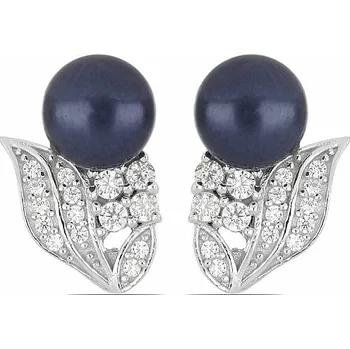 Náušnice Náušnice stříbrné s černou perlou a zirkony Ag 925 08428 BP 1,5 cm, 5,4 g