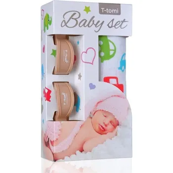 T-Tomi Baby SET Bambusová osuška s potiskem + kočárkový kolíček - cars / auta beige / béžová