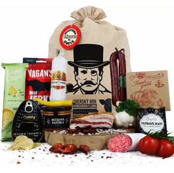 Dárkový potravinový koš Persi - Dárkový koš XL v pytli pro chlapa, muže dospělé k vánocům, narozeninám | Masožravec XL