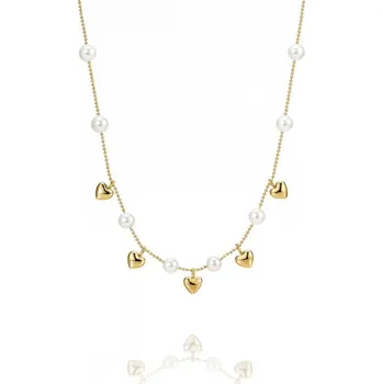 Náhrdelník Flamenco Mystique Dlouhý náhrdelník, nerezová ocel, pozlacený 14k zlatem, perly a srdíčka NST2235