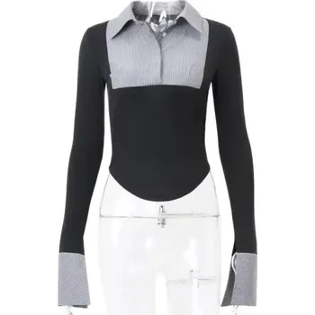 Dámské tričko Dámská polokošile s dlouhým rukávem Černá Výstřih do V s límečkem a knoflíky Polyesterový top M