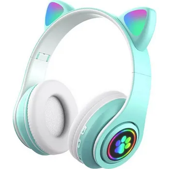 Sluchátka dětská bezdrátová sluchátka s kočičími oušky a LED, turkusová