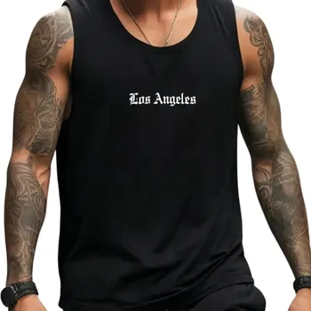 Pánské tílko Pánské tílko černé s kulatým výstřihem O Nápis Los Angeles Polyester Lehký letní top na sport volný čas město M