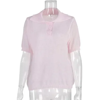 Dámské tričko Dámská polokošile s krátkým rukávem Jednobarevné provedení Výstřih do V s límečkem a knoflíky Bavlna s polyesterem růžová M