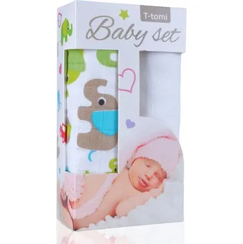 T-Tomi Baby set - bambusové osušky jednobarevné - green elephants / zelení sloni + bambusová osuška white / bílá