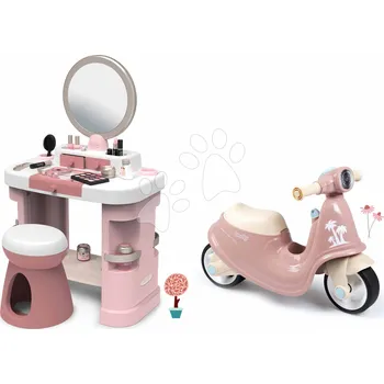 Odrážedlo Set kosmetický stolek a odrážedlo ve tvaru motorky My Beauty Dressing Table Smoby se židlí a nastavitelným zrcadlem