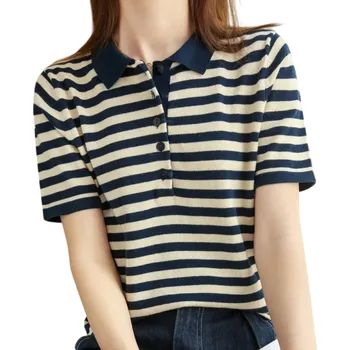 Dámské tričko Dámská polokošile s krátkým rukávem Pruhované provedení Výstřih do V s límečkem a knoflíky Bavlněný letní top modrá S
