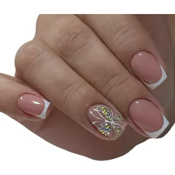 Umělé nehty Motýlí francouzský design 24 ks Nalepovací akrylové nehty Hranatý tvar Plné krytí Elegantní DIY manikúra pro ženy a dívky