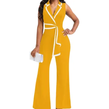 Dámský overall Dámský overal Jednobarevný model Široké kalhoty Široká ramínka Límeček Zavazování kolem pasu Výstřih do V Polyester Spandex žlutá L