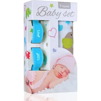 T-Tomi Baby SET Bambusová osuška s potiskem + kočárkový kolíček - zelení sloni blue / modrá