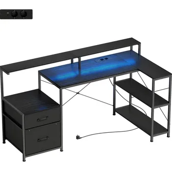 Psací stůl Herní stůl ve tvaru L 165 x 80 cm s LED diodami | černý