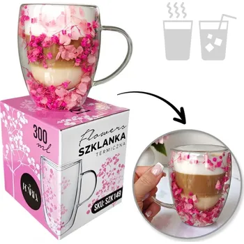 Sklenice Flamenco Mystique Termosklenice s květinami uvnitř, gypsofila, hortenzie, růže, 300 ml, 1 ks. SZK149