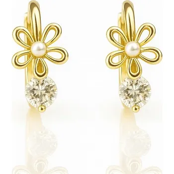 Náušnice Flamenco Mystique Náušnice z nerezové oceli pokovené 14k zlatem, květina s perlou KST3519