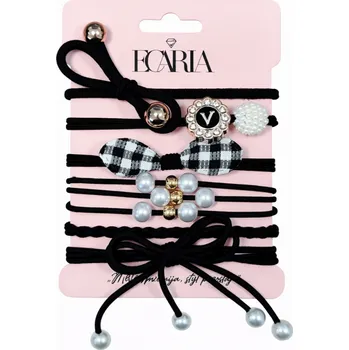 Flamenco Mystique Sada 6 gumiček do vlasů, černé mašle s perlami, kostkovaný vzor GUM181