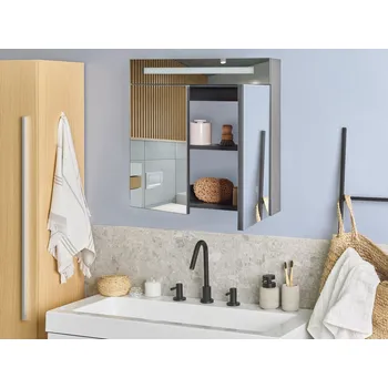 Koupelnový nábytek Zrcadlová skříňka do koupelny s LED osvětlením černá 60 x 60 cm moderní design Beliani