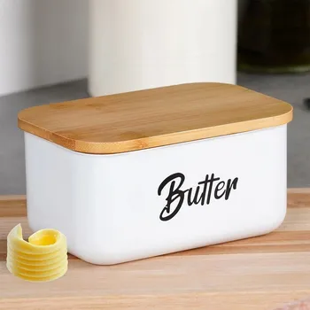 Ocelová máslenka s bambusovým víkem bílá