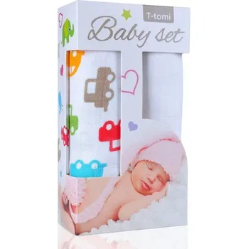 T-Tomi Baby set - bambusové osušky jednobarevné - cars / auta + bambusová osuška white / bílá
