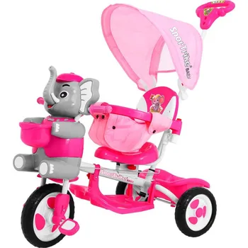 Dětská tříkolka dětské tříkolové kolo Elephant Pink + zvuky + stříška + zábrana + opěrka nohou + rukojeť + ližiny + úložný prostor