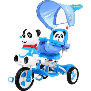 Dětská tříkolka dětské tříkolové kolo Panda Blue + zvuky + stříška + zábrana + opěrka nohou + rukojeť + ližiny + úložný prostor