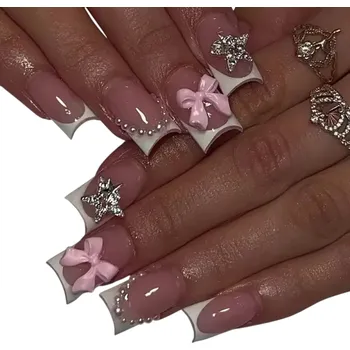 Umělé nehty Francouzská hvězdná jemnost 24 ks Čtvercové akrylové nehty Kompletní tipy 12 velikostí Mašličky perličky a kamínky