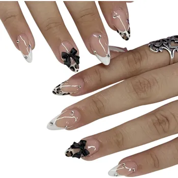 Umělé nehty Mandlový tvar 24 ks Umělé akrylové nehty s francouzskou manikúrou Leopardí vzor 3D mašle s kamínky Sada pro domácí a salonní použití