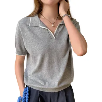 Dámské tričko Dámská polokošile Krátký rukáv Výstřih do V Límeček Knoflíky Jednobarevná Bavlna Pohodlná Elegantní Casual Top Letní Jarní šedá XXL